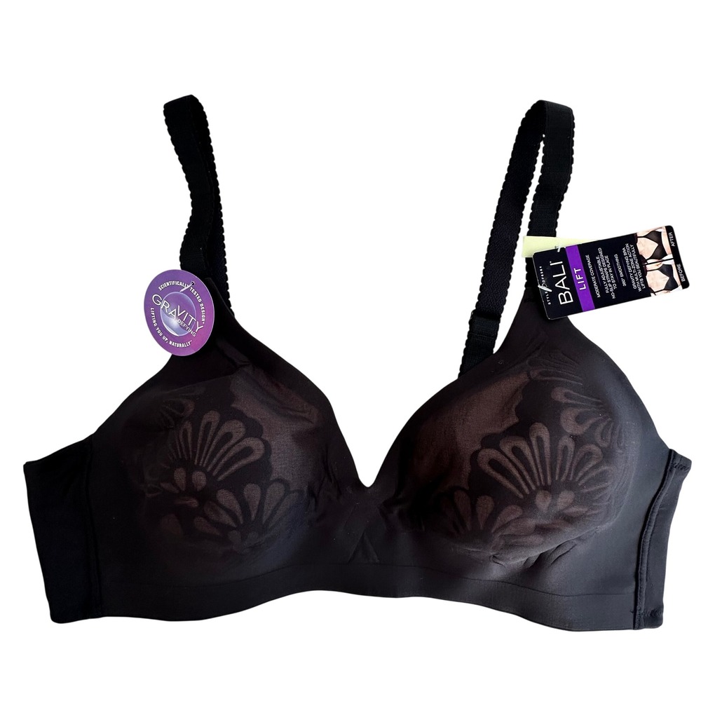 Bali Gravity Defying Lift Bra Womens 36B Black‎ Floral Seamless Smoothing NWT